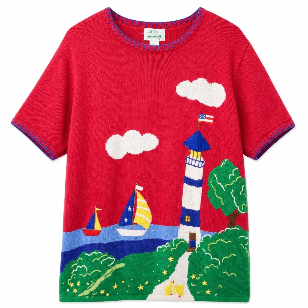 Quacker Factory Nautical Lighthouse Sweater Women 1X Red Short Sleeve Good